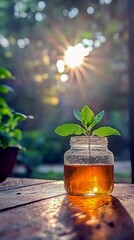 A young plant grows from a glass jar containing amber liquid, illuminated by the sun's rays.