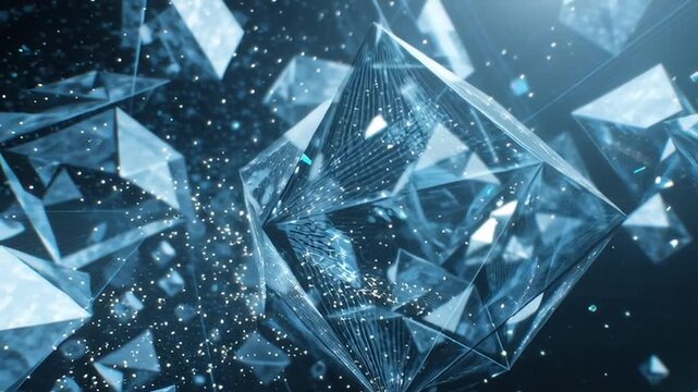 Floating blue geometric crystals and polyhedrons forming dynamic structure around white 2026 text on dark cosmic background with sparkles. Futuristic New Year abstract art with radiant facets and ener