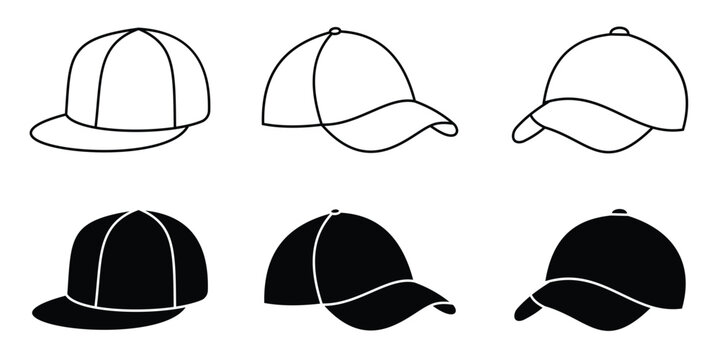 Baseball Cap Icon Set &ndash; Black Silhouette and Line Vector of Sports Hat Design Collection
