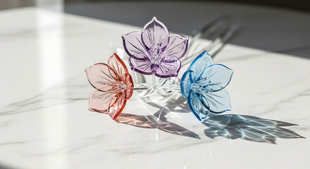 Vibrant glass flower napkin rings on marble with light refractions