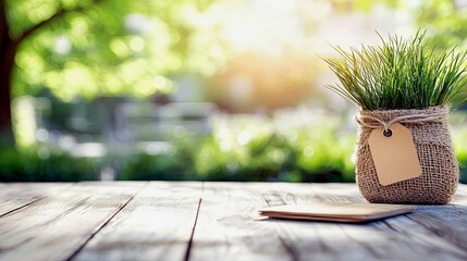 A small potted plant in a burlap sack with a blank tag sits on a wooden table, with a soft, sunlit green background.