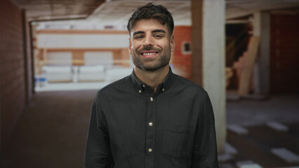 Man smiles showing face against unfinished brick wall inside building under construction; confidence.
