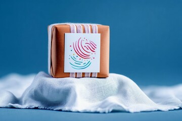 A gift box with a decorative card is displayed on a white cloth against a blue background.