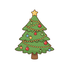 Cute decorated Christmas tree with ornaments and star, flat festive cartoon vector illustration.
