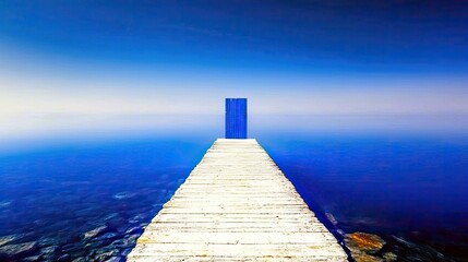A white wooden pier leads to a single blue door in the middle of a calm blue ocean under a clear sky, symbolizing a gateway or transition.