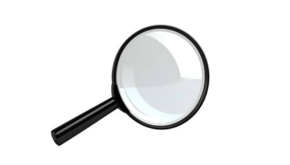 A shiny magnifying glass, with a black handle, is isolated on a stark black background