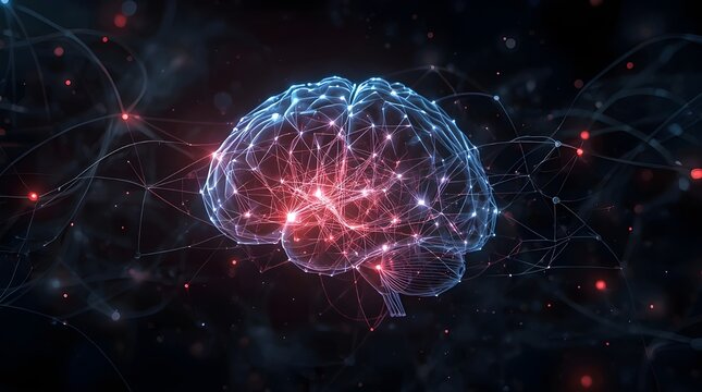 Glowing abstract neural network and holographic brain in dark space, AI concept art