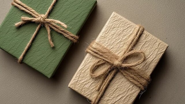 Two textured kraft boxes wrapped in twine bows, one green and one beige, placed side by side. Rustic New Year gift packaging with natural fibers and eco-friendly vibe. Perfect for holiday presents and