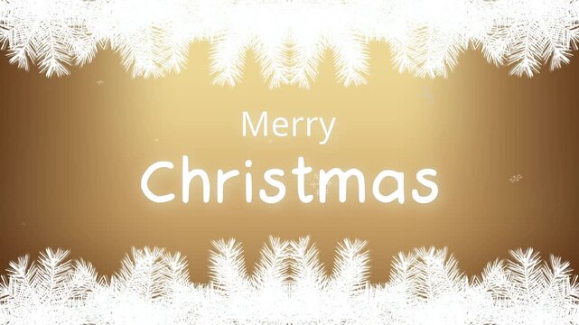 Elegant animated video Shimmering golden background White apine branches move from top and bottom, in center text Merry Christmas. Soft snowflakes gently fall, creating festive atmosphere Winter mood 