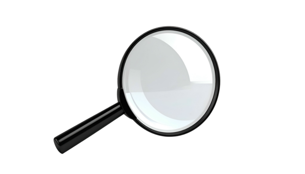 A shiny magnifying glass, with a black handle, is isolated on a stark black background