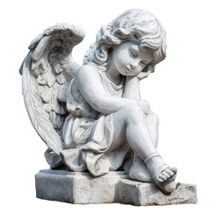 Soft Statue of a Cherubic Angel Sitting and Reflecting Quietly in a Serene Garden Setting