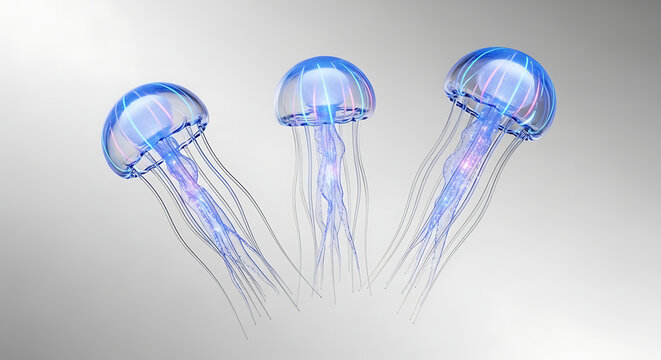 Ethereal glowing blue jellyfish swim with vibrant light effects - Powered by Adobe