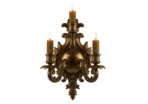 Ornate antique gold threelight wall sconce isolated on transparent background