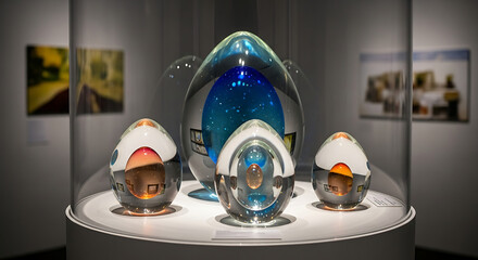 Modern art glass egg sculptures displayed in museum exhibition