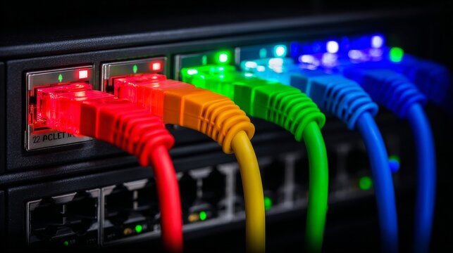 Colorful ethernet cables plugged into a network switch or server panel with bright glowing led status lights indicating data flow.