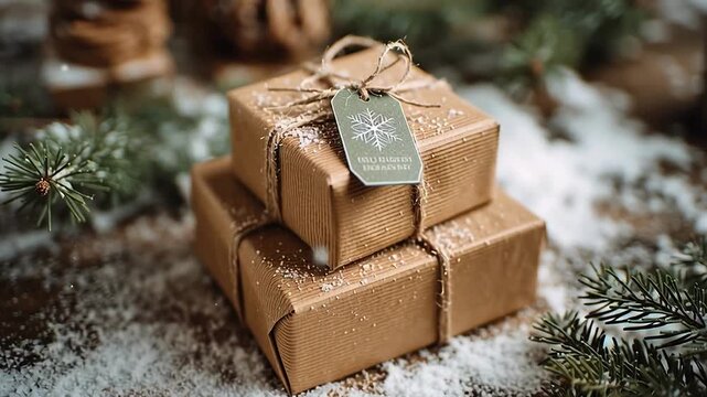 Two kraft paper gift boxes wrapped with twine, olive branches, and 'Love from Nature' tags amid light snow. Festive New Year eco-gifts on wooden surface. Natural holiday packaging with green accents a