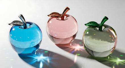 Three vibrant glass apples refracting light on a bright surface