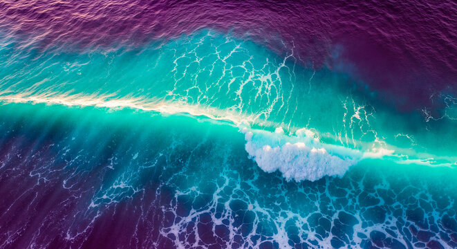  Aerial close-up of rolling ocean wave with white foam in blue-purple water. Bright photo illustration capturing water movement and sea texture from above