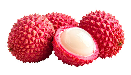 Close-up of several vibrant red, textured fruits, one cut open to reveal white flesh