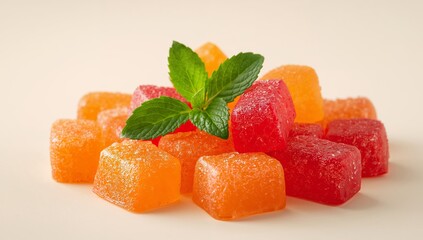 Colorful Cubic Delights A Vibrant Arrangement of Fruity Flavors and Textural Charm.