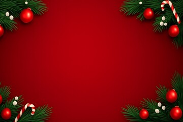 Festive christmas frame with fir branches ornaments and candy canes on red background