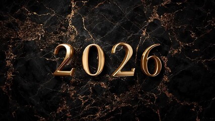 Golden 2026 text in elegant script over black marble texture with subtle gold veins. Luxurious New Year graphic for premium invitations and branding. Festive metallic design with sophisticated shine a