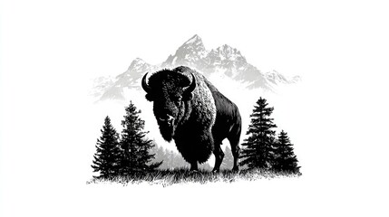 Black and white vector of a bison standing tall, drawn in bold lines on white background. Symbolizes resilience and heritage. Perfect for adventure brands, nature art, and strength-related designs.