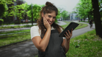 Woman smiling, hand on cheek while holding tablet on street in park with green trees and path; joyful surprise.