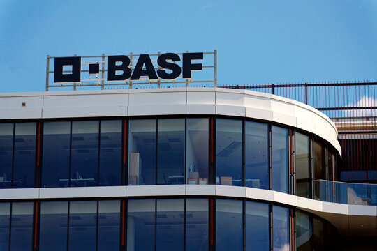 Worlds largest chemical producer BASF company logo on headquarters building on May 29, 2025 in Prague, Czech republic.