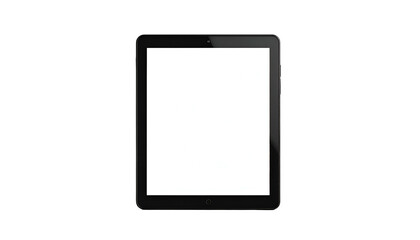 A sleek, black electronic tablet with a bright, blank screen, set against a black background