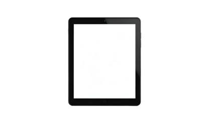 A sleek, black electronic tablet with a bright, blank screen, set against a black background