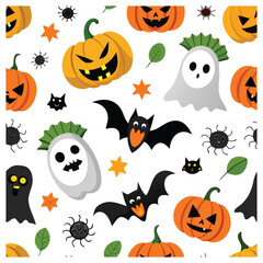 Halloween seamless pattern with pumpkins ghosts bats and spooky elements
