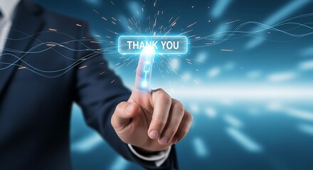 Businessman touching a glowing blue button with the text thank you on a futuristic digital background