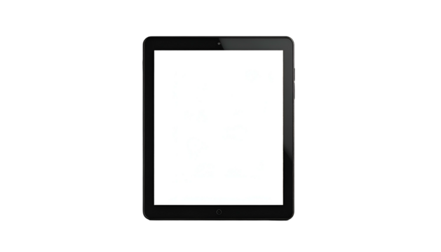 A sleek, black electronic tablet with a bright, blank screen, set against a black background - Powered by Adobe