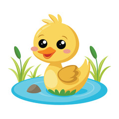 Cute yellow duck swimming in the water in a cartoon vector style