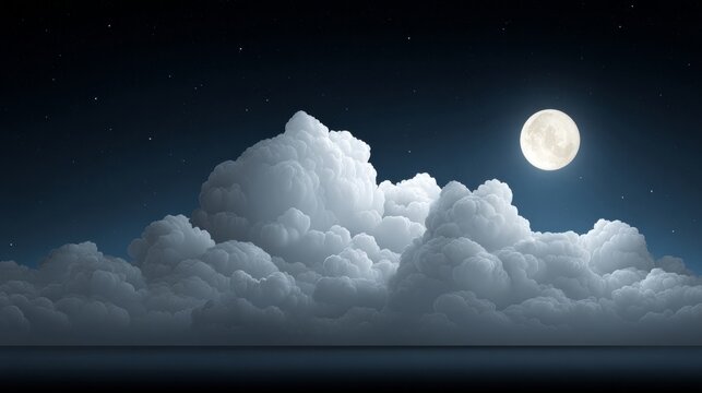 Full bright moon shines over large, dramatic cumulonimbus storm clouds at night under a deep blue starry sky.