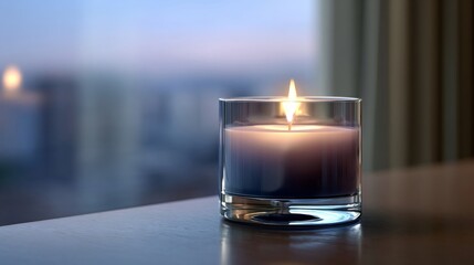 Glowing candle in a glass jar illuminating a cozy wooden table with a beautiful blurred twilight cityscape view.