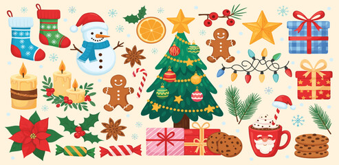 Fototapeta premium A festive collection of colorful Christmas illustrations, including a decorated tree, snowman, gingerbread man, and holiday gifts