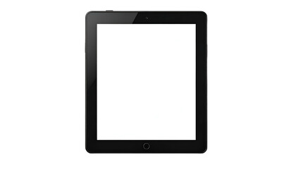 A black rectangular tablet with a bright, blank white screen, centered on a black background