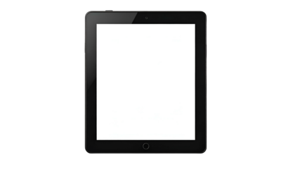 A black rectangular tablet with a bright, blank white screen, centered on a black background