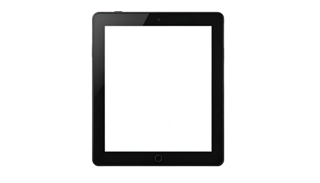 A black rectangular tablet with a bright, blank white screen, centered on a black background