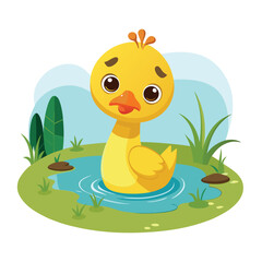 Cute Cartoon duck and ducklings swimming in pond illustration