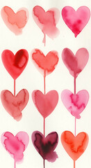 Whimsical watercolor hearts pattern wallpaper with red and pink hues