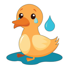 Cute Cartoon yellow duck swimming in water with rubber toy