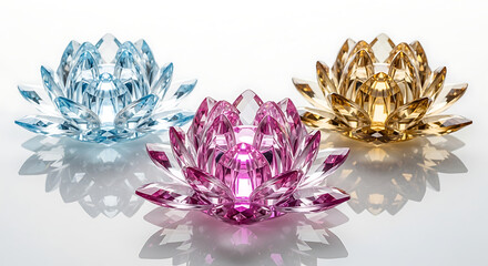 Radiant crystal lotus flowers in blue, pink, and golden hues