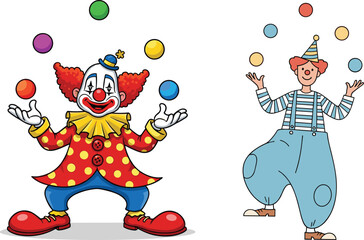 Cartoon male clowns juggling colorful balls, funny circus performers, cheerful entertainers in costume, comedy show illustration concept art © Mehedi