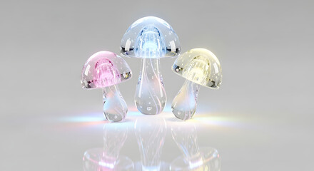 Three glowing glass mushrooms with colorful light, modern abstract art.