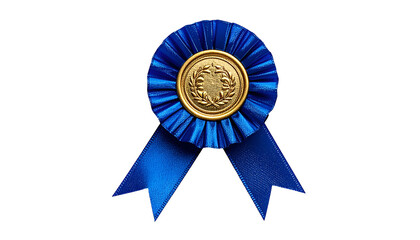 A close-up of a blue ribbon award with gold center detail, set against a black backdrop