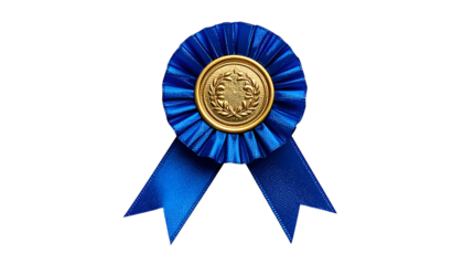 A close-up of a blue ribbon award with gold center detail, set against a black backdrop