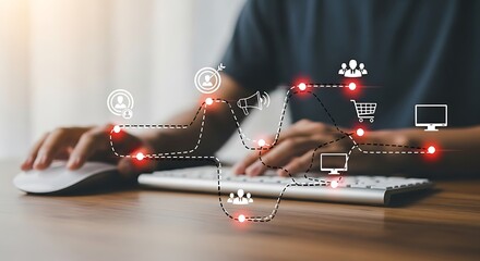 Person using a computer with a network of digital icons representing online business and connectivity